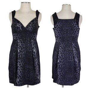 BCBGMaxAzria Dress Sz 6 Embellished Shoulder Wool Silk Leopard Blue Black Silver